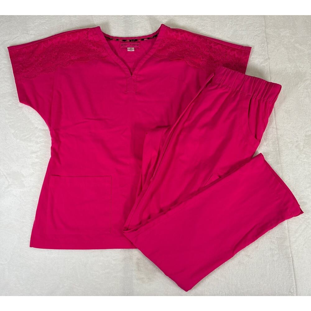 Betsey Johnson Women’s Scrub Set Hot Pink w/ Lace Size Small Benefits Charity
